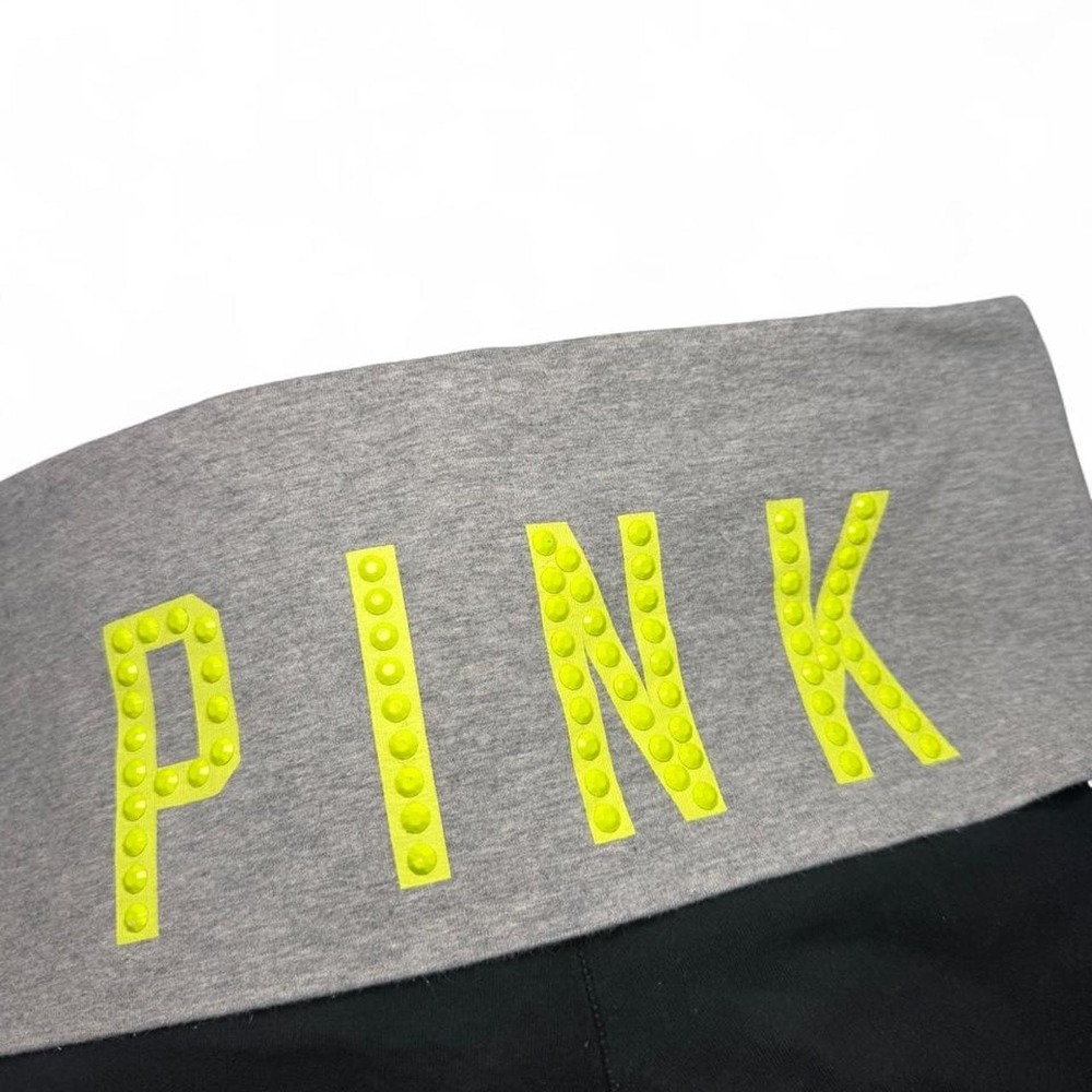 Vintage VS PINK Foldover Leggings Neon Yellow Gray Black Y2K Medium Spellout